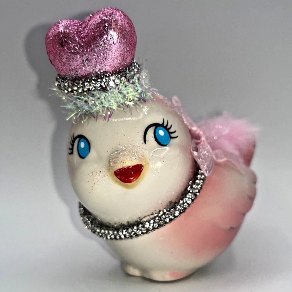 Vintage Pink Ceramic Bird Valentine Day Pink Heart Hat Diamond Princess OMG OOAK